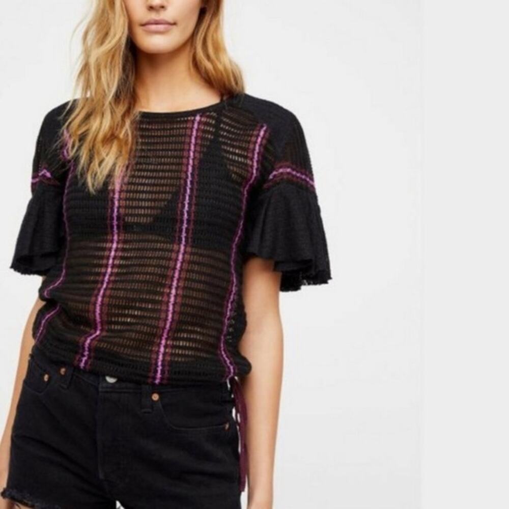 Free People Babes Only Black Open Knit Purple Stripe Slim Fit Ruffle Sleeve Top